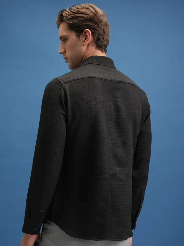  Locomotive Men Black Self Design Slim Fit Casual Shirts