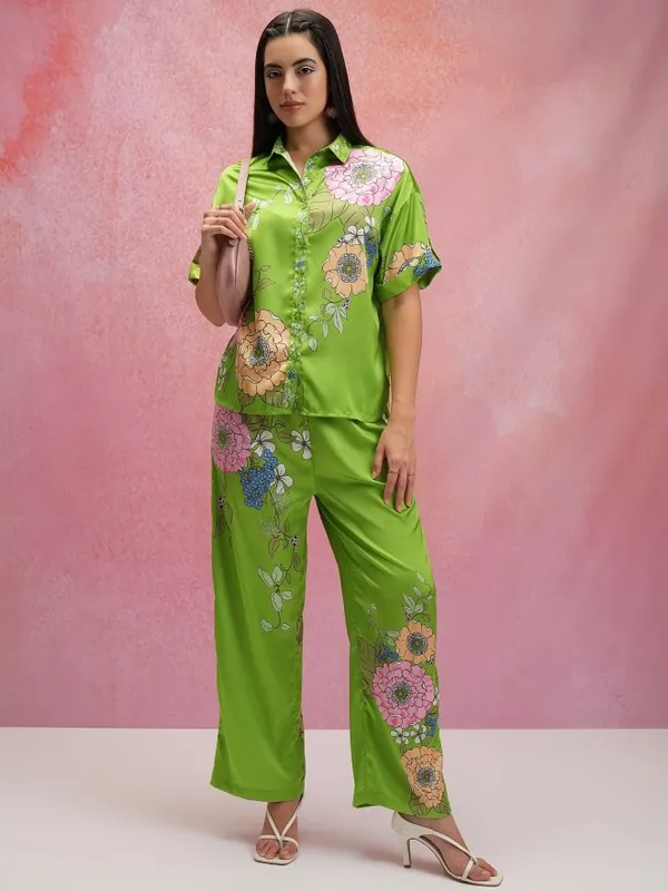 Tokyo Talkies Women Green Shirt With Trouser Co-Ords