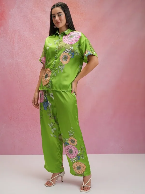 Tokyo Talkies Women Green Shirt With Trouser Co-Ords