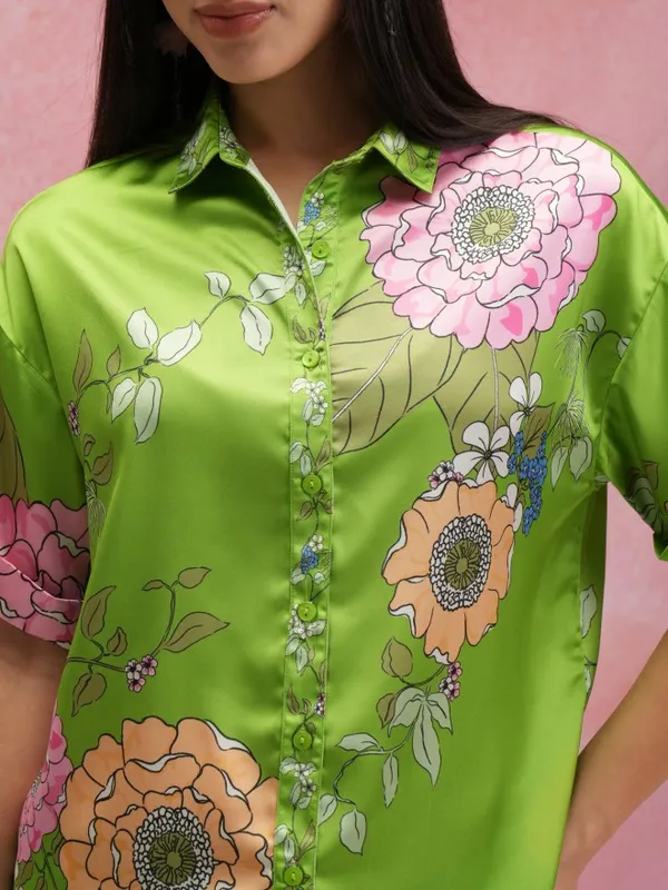 Tokyo Talkies Women Green Shirt With Trouser Co-Ords