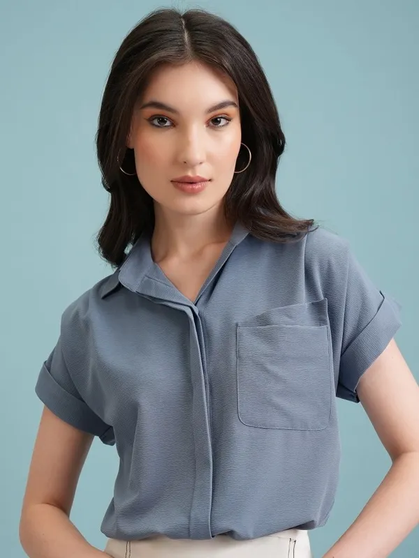  Tokyo Talkies Women Blue Self Design Casual Shirts