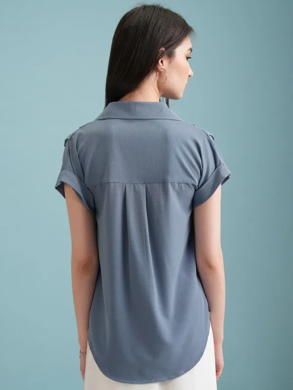  Tokyo Talkies Women Blue Self Design Casual Shirts
