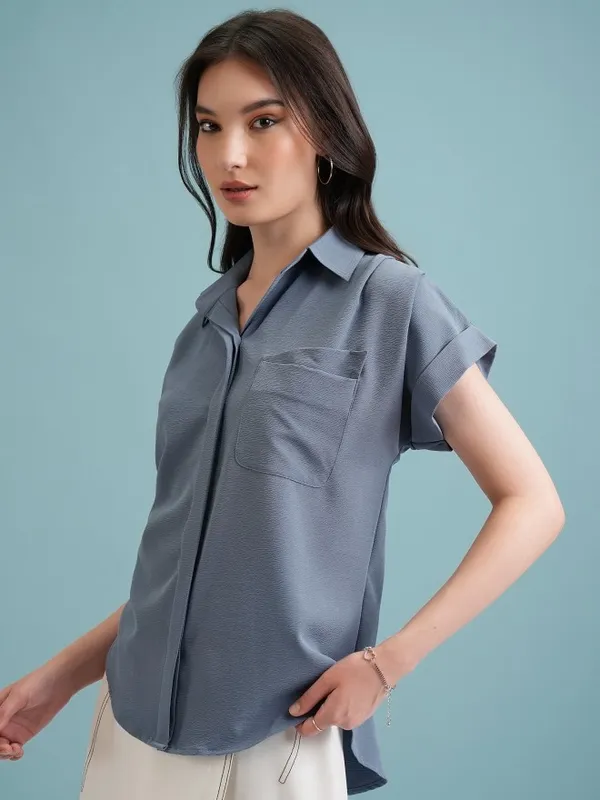  Tokyo Talkies Women Blue Self Design Casual Shirts