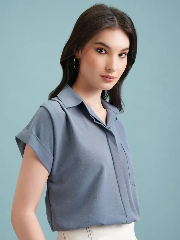  Tokyo Talkies Women Blue Self Design Casual Shirts