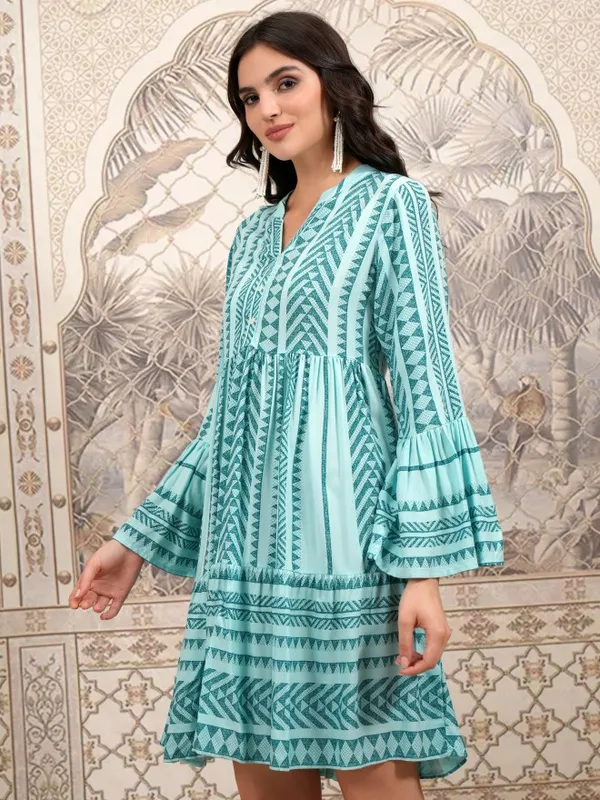  Vishudh Women Green Printed Fit and Flare Dresses