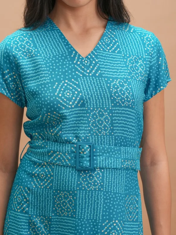 Vishudh Women Blue Printed A-Line Dress