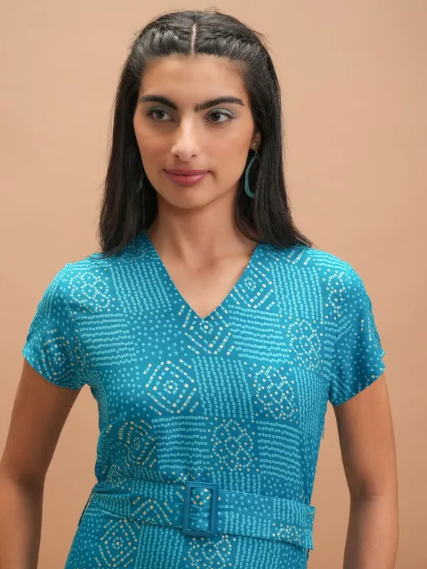 Vishudh Women Blue Printed A-Line Dress