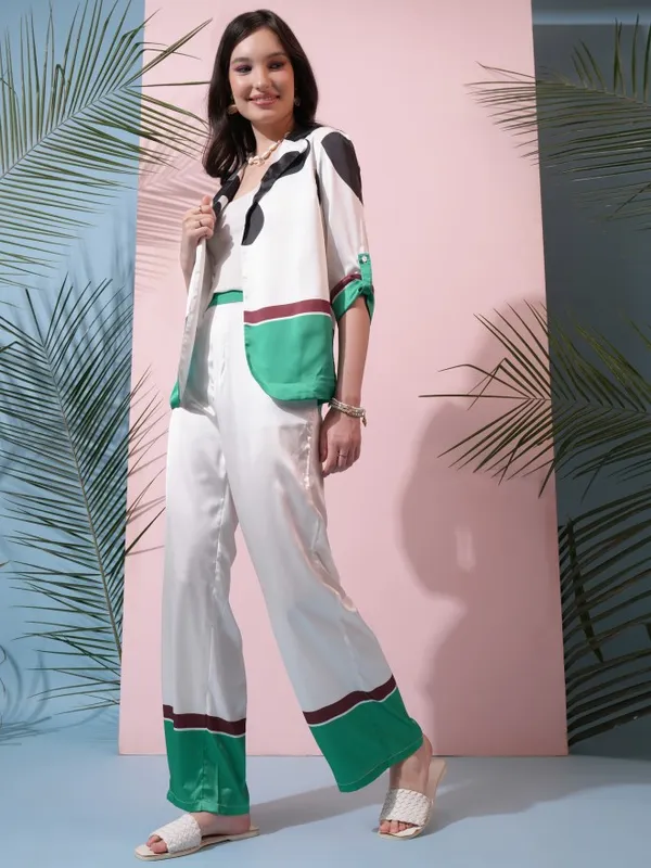Tokyo Talkies Women Off White Top With Trouser Co-Ords