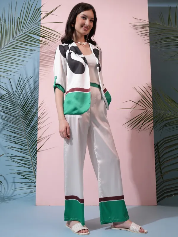 Tokyo Talkies Women Off White Top With Trouser Co-Ords