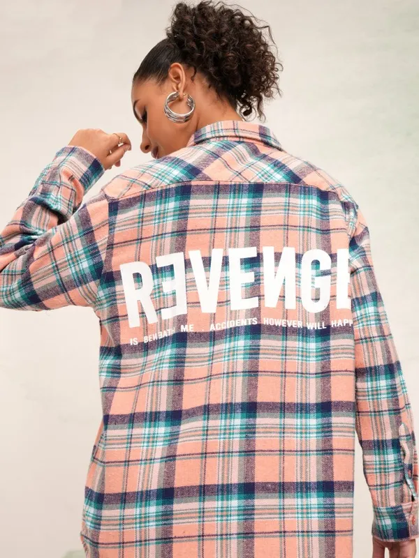 Tokyo Talkies Women Peach Checked Oversized Fit Casual Shirt