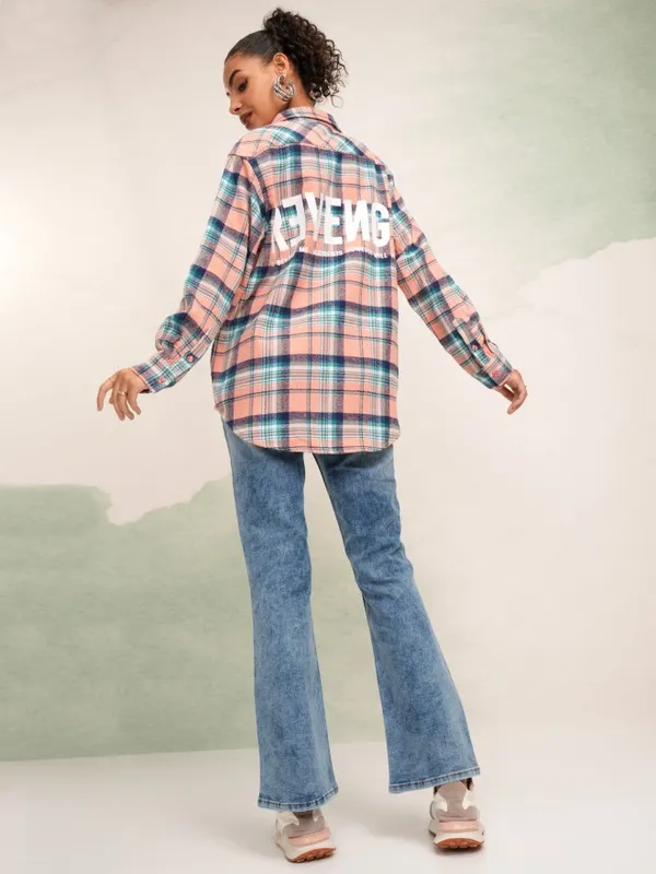 Tokyo Talkies Women Peach Checked Oversized Fit Casual Shirt