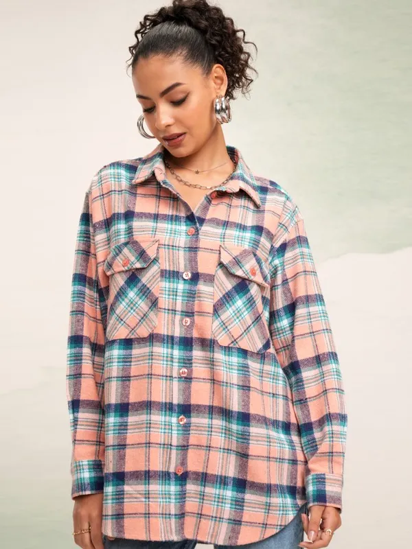 Tokyo Talkies Women Peach Checked Oversized Fit Casual Shirt