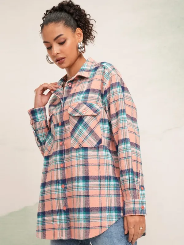 Tokyo Talkies Women Peach Checked Oversized Fit Casual Shirt
