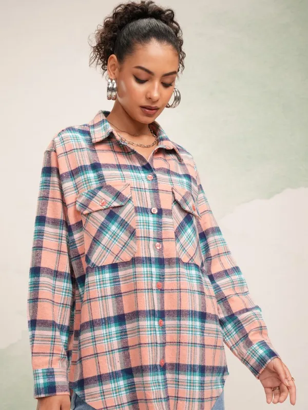 Tokyo Talkies Women Peach Checked Oversized Fit Casual Shirt