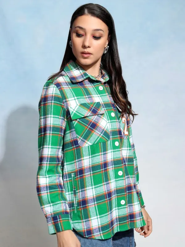 Tokyo Talkies Women Green Solid Regular Fit Casual Shirt