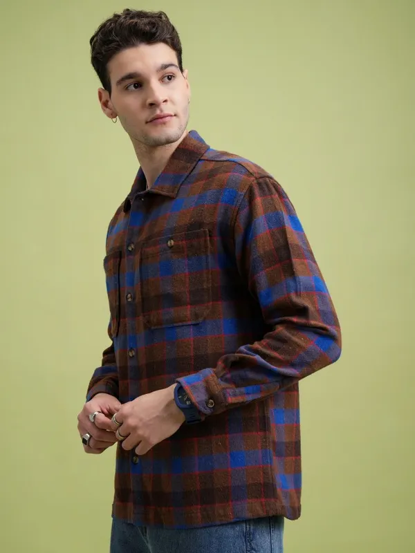  Highlander Men Brown Checked Regular Fit Casual Shirts