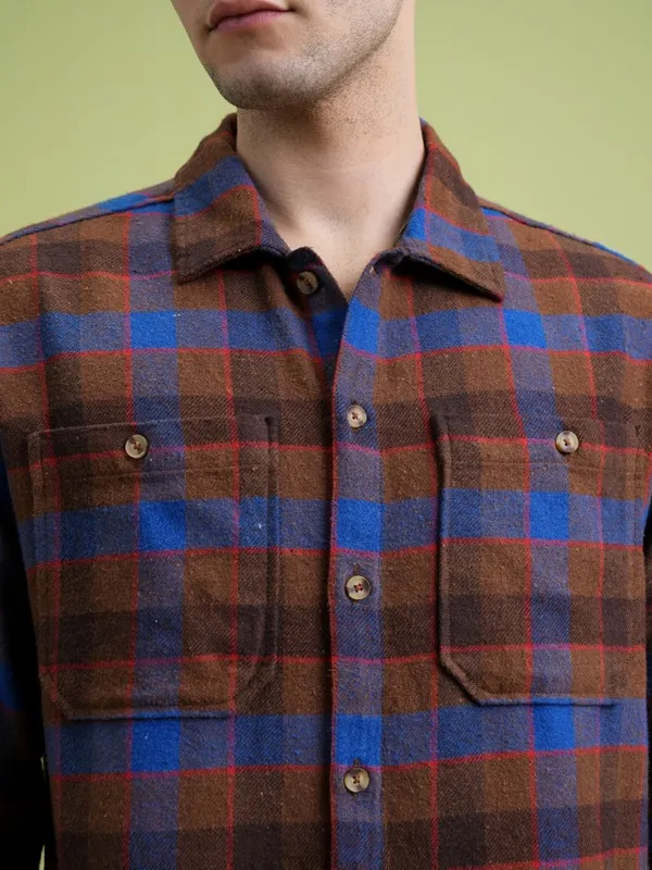  Highlander Men Brown Checked Regular Fit Casual Shirts