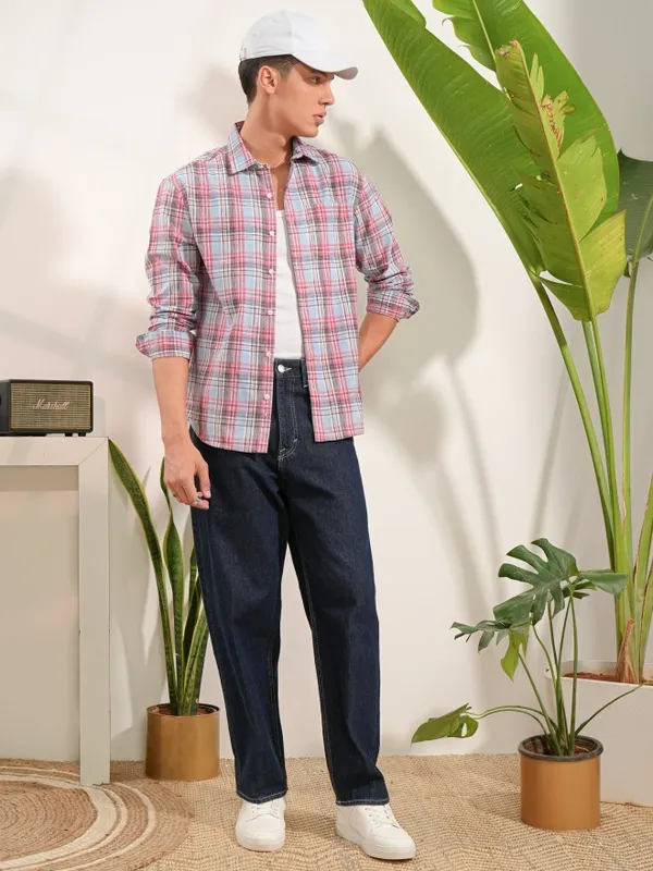  Locomotive Men Blue Checked Regular Fit Casual Shirts