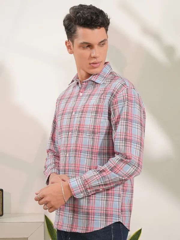  Locomotive Men Blue Checked Regular Fit Casual Shirts