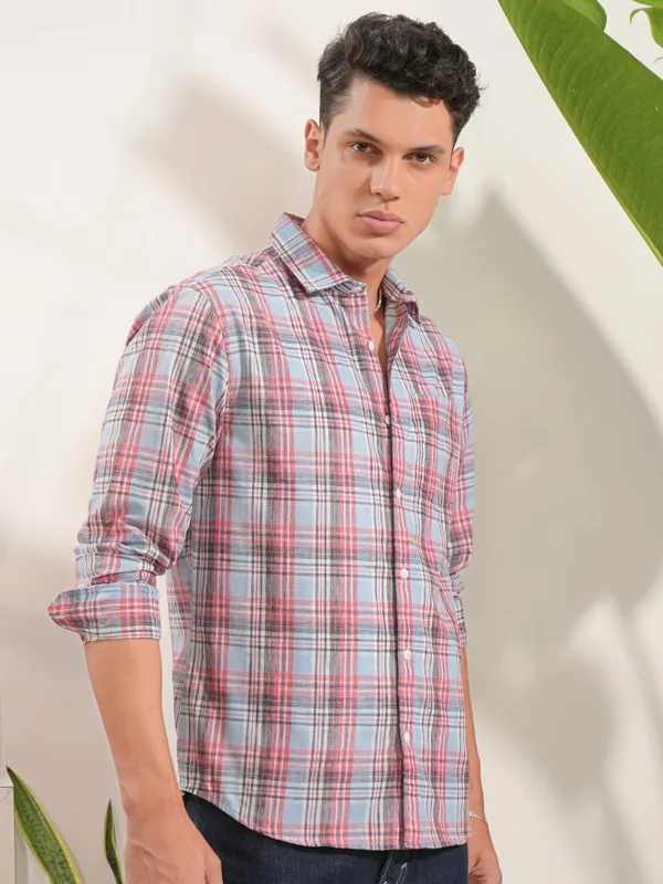  Locomotive Men Blue Checked Regular Fit Casual Shirts
