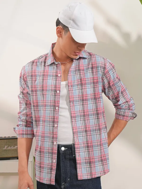  Locomotive Men Blue Checked Regular Fit Casual Shirts