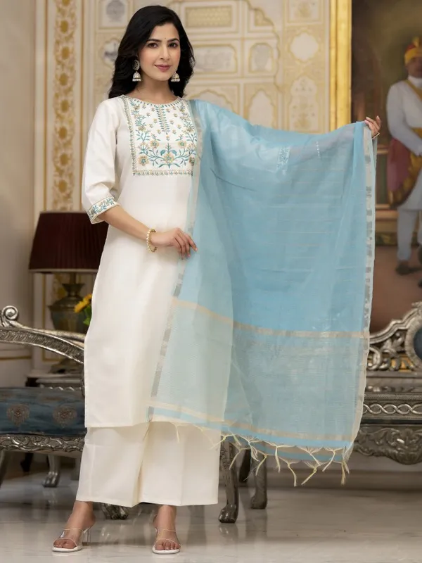 Vishudh Women Cream Embroidered Kurta With Palazzos And Dupatta
