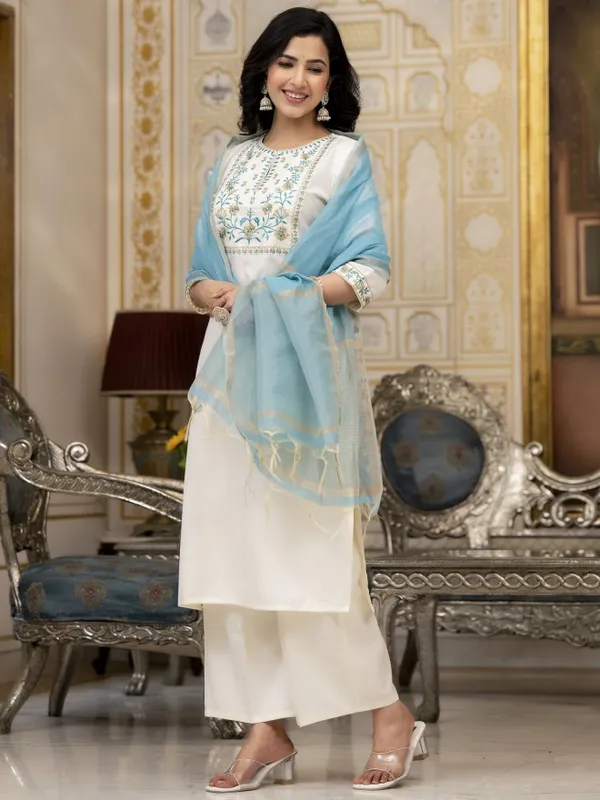 Vishudh Women Cream Embroidered Kurta With Palazzos And Dupatta