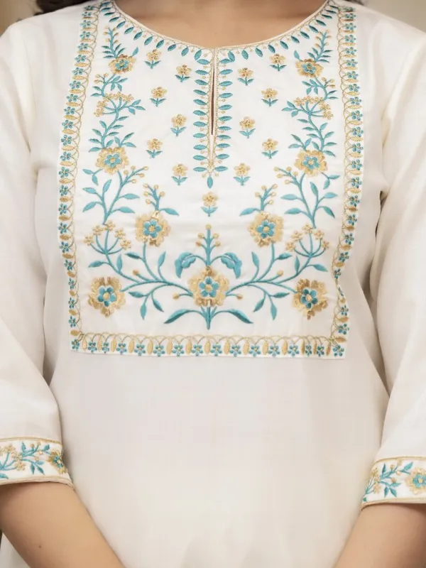 Vishudh Women Cream Embroidered Kurta With Palazzos And Dupatta