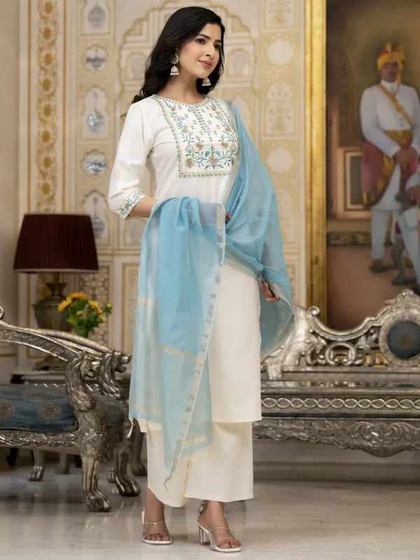 Vishudh Women Cream Embroidered Kurta With Palazzos And Dupatta