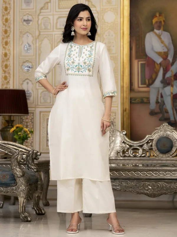 Vishudh Women Cream Embroidered Kurta With Palazzos And Dupatta