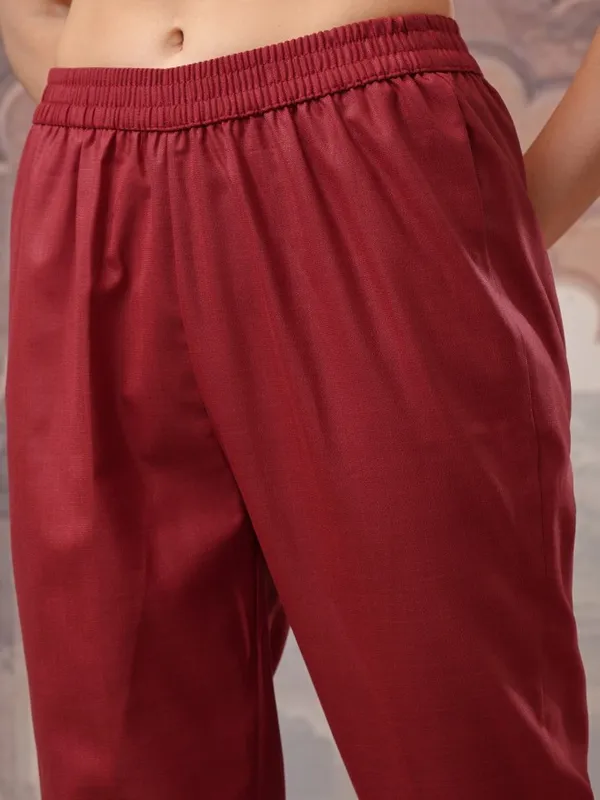 Vishudh Women Red Embroidered Kurta With Trousers And Dupatta