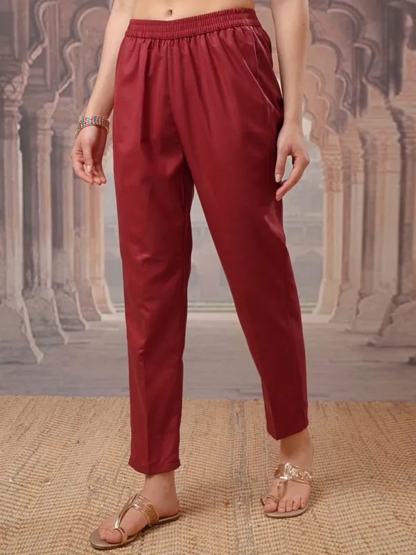 Vishudh Women Red Embroidered Kurta With Trousers And Dupatta