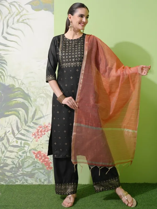 Vishudh Women Black Printed Kurta With Palazzos & Dupatta