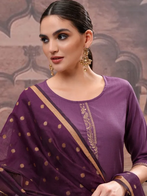 Vishudh Women Purple Solid Kurta With Trouser And Dupatta