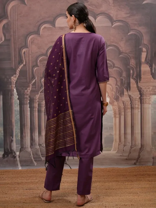 Vishudh Women Purple Solid Kurta With Trouser And Dupatta
