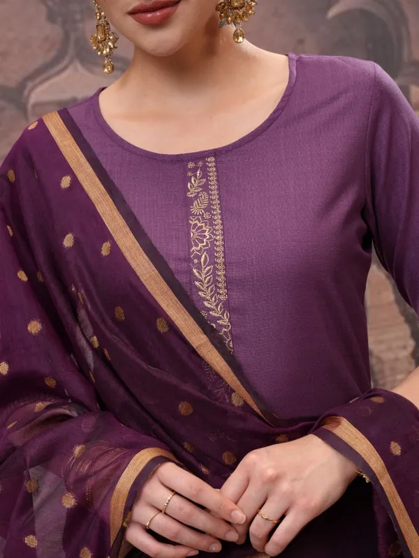 Vishudh Women Purple Solid Kurta With Trouser And Dupatta