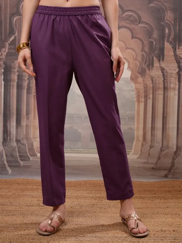 Vishudh Women Purple Solid Kurta With Trouser And Dupatta