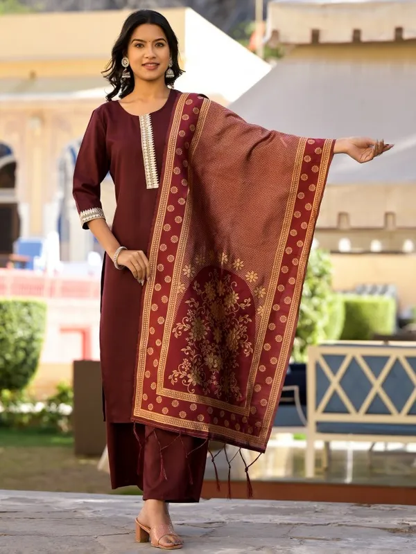 Vishudh Women Burgundy Solid Kurta With Palazzo And Dupatta