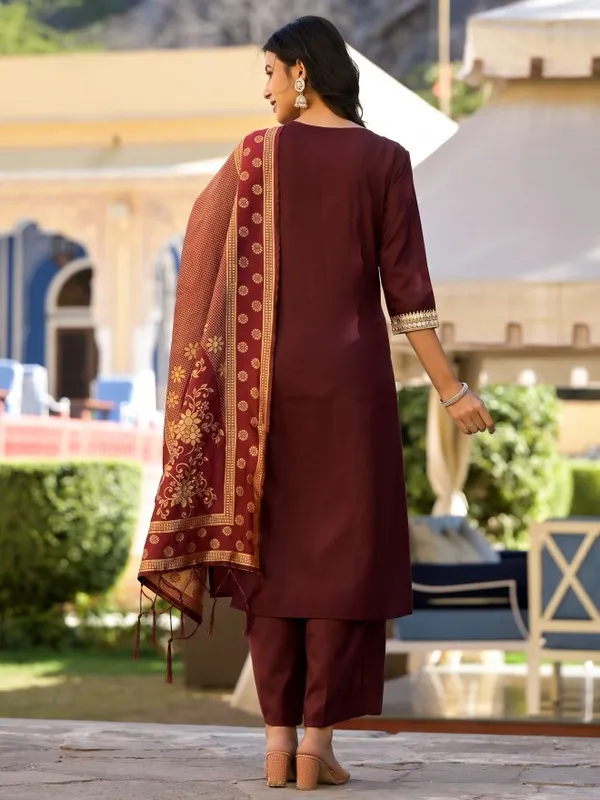 Vishudh Women Burgundy Solid Kurta With Palazzo And Dupatta