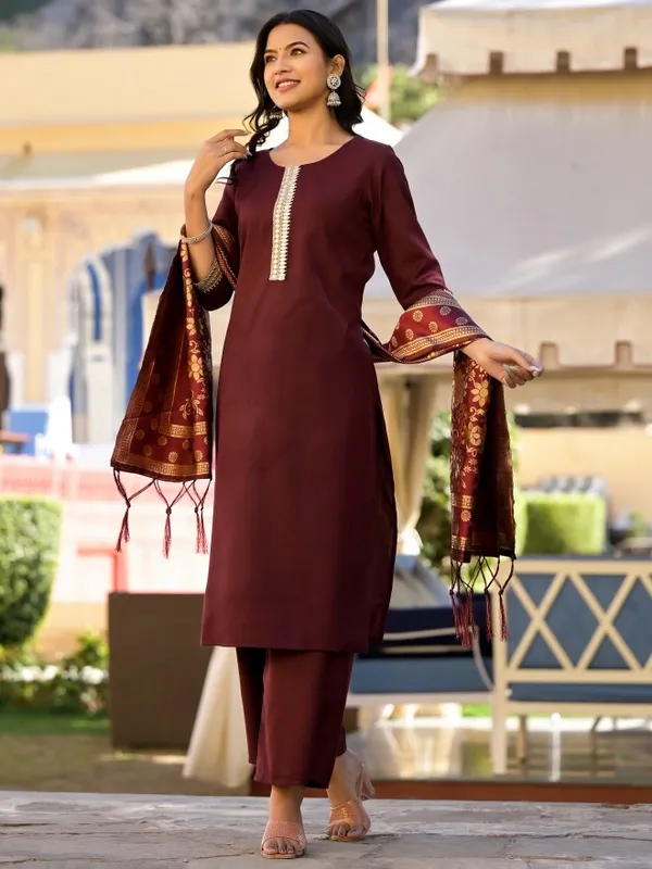 Vishudh Women Burgundy Solid Kurta With Palazzo And Dupatta