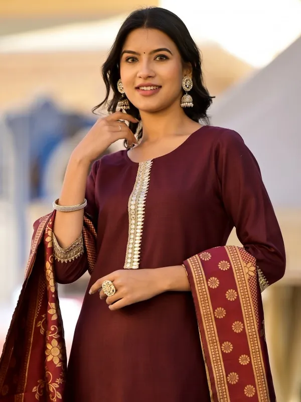 Vishudh Women Burgundy Solid Kurta With Palazzo And Dupatta