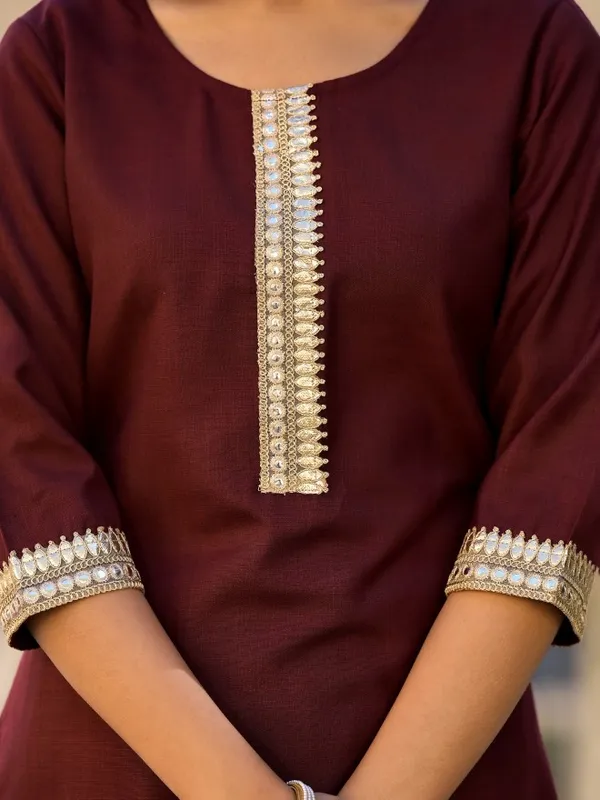 Vishudh Women Burgundy Solid Kurta With Palazzo And Dupatta