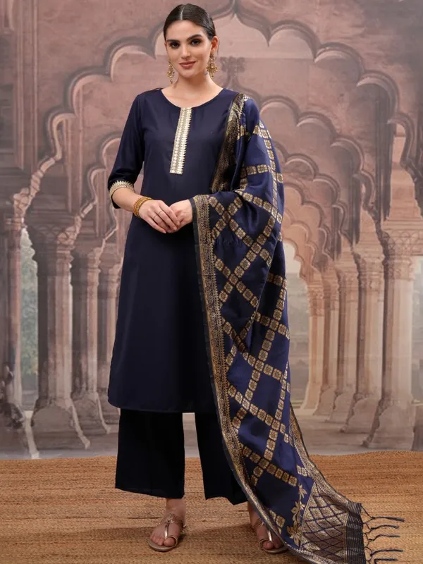 Vishudh Women Navy Blue Solid Kurta With Palazzo And Dupatta