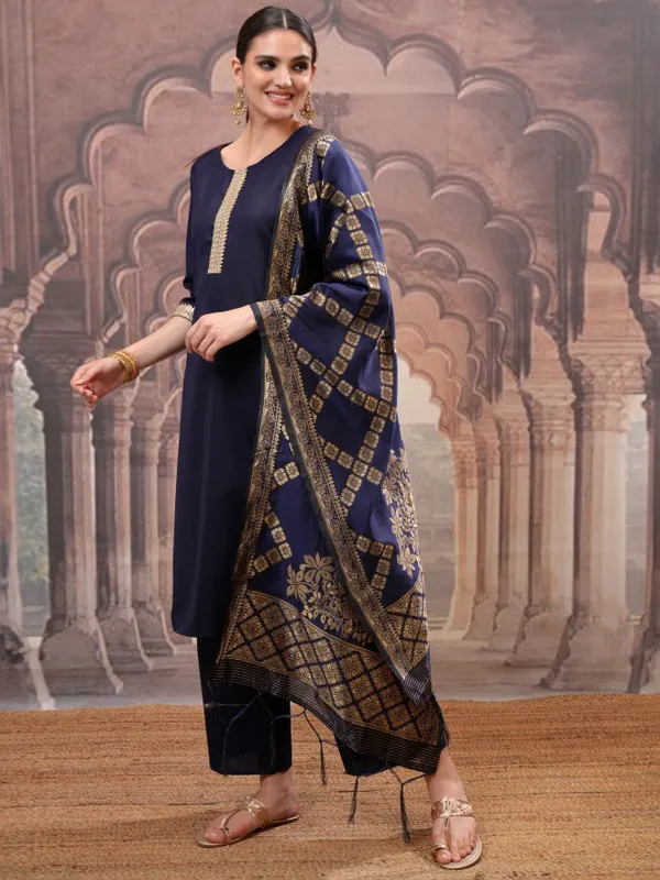 Vishudh Women Navy Blue Solid Kurta With Palazzo And Dupatta