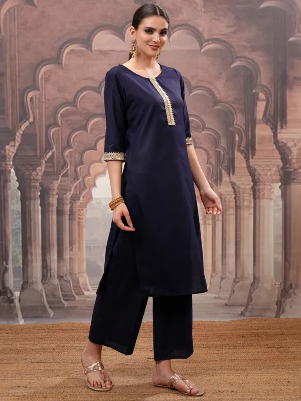 Vishudh Women Navy Blue Solid Kurta With Palazzo And Dupatta
