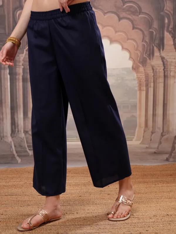 Vishudh Women Navy Blue Solid Kurta With Palazzo And Dupatta