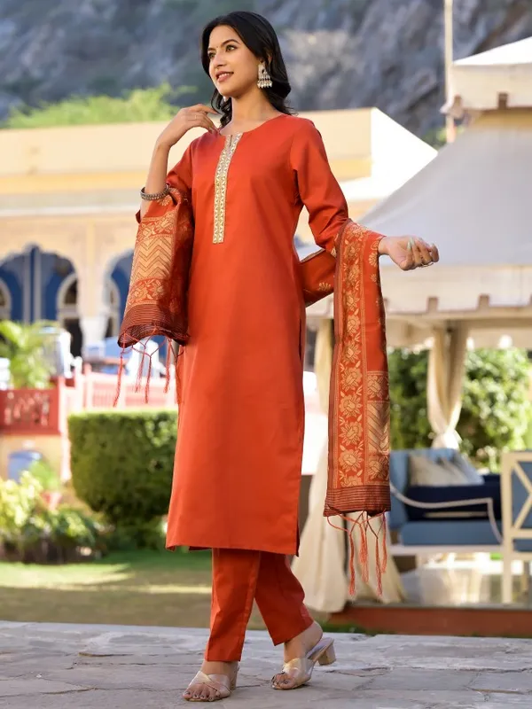  Vishudh Women Terracotta Solid Kurta Sets