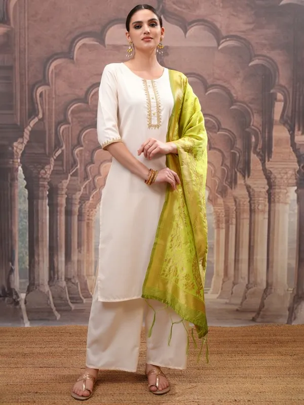 Vishudh Women Cream Embroidered Kurta With Palazzos And Dupatta
