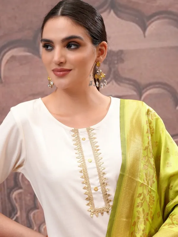 Vishudh Women Cream Embroidered Kurta With Palazzos And Dupatta