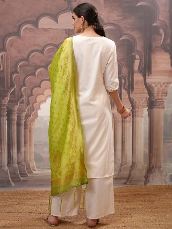 Vishudh Women Cream Embroidered Kurta With Palazzos And Dupatta